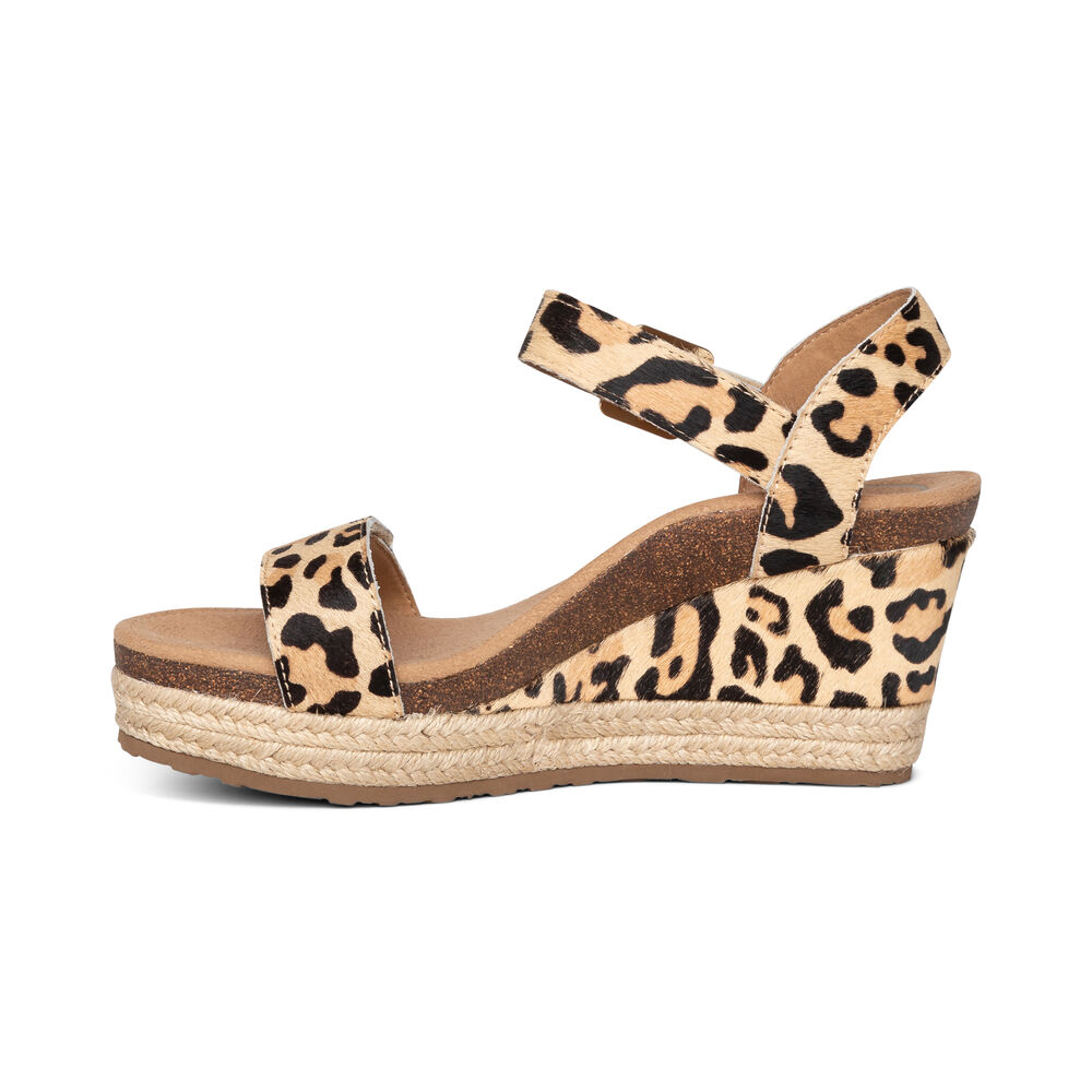 Aetrex Women's Sydney Quarter Strap Espadrille Wedge Sandals - Leopard | USA ROBMY8H